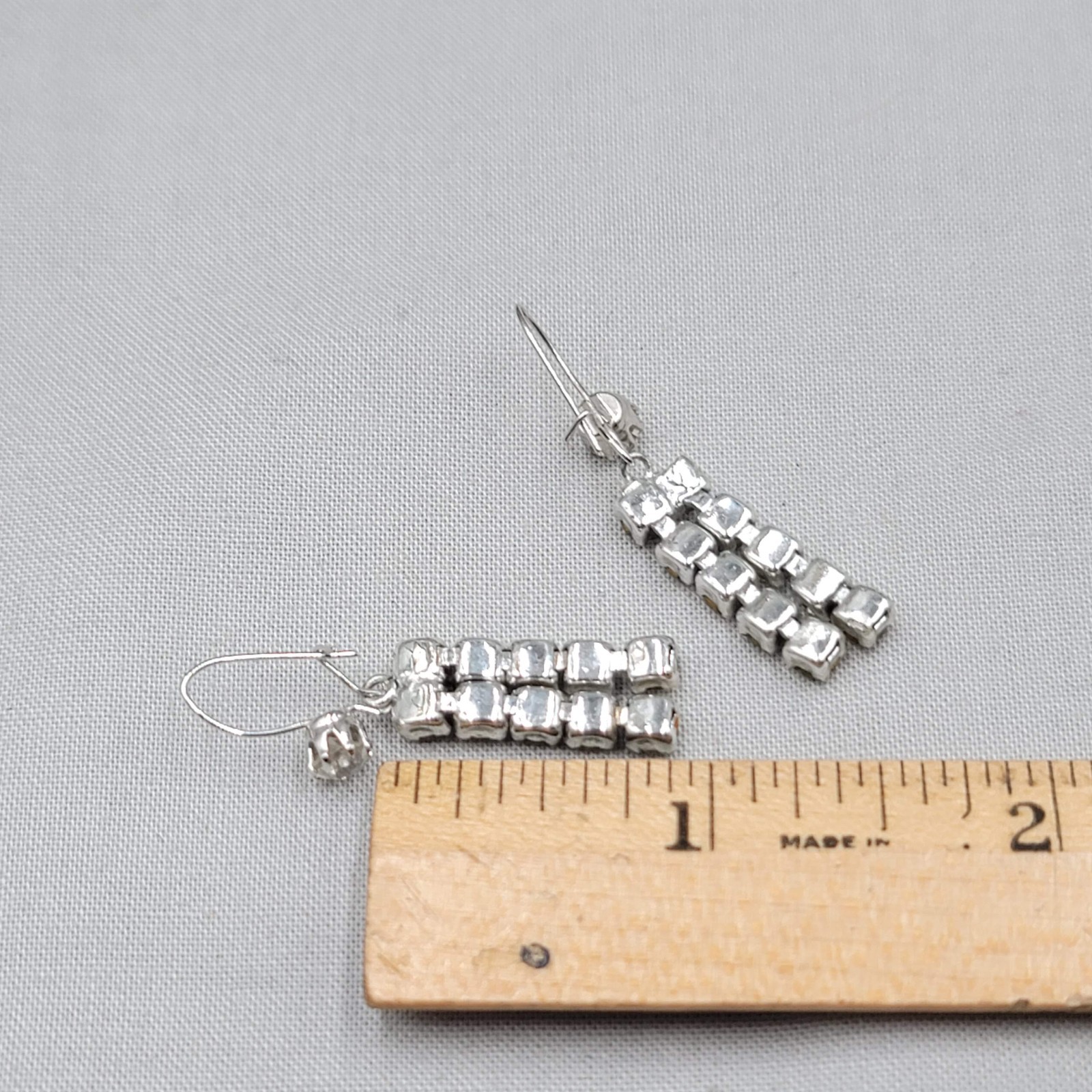 Vintage Removable Rhinestone Pierced Earrings Hook Silver tone Dangle 1″