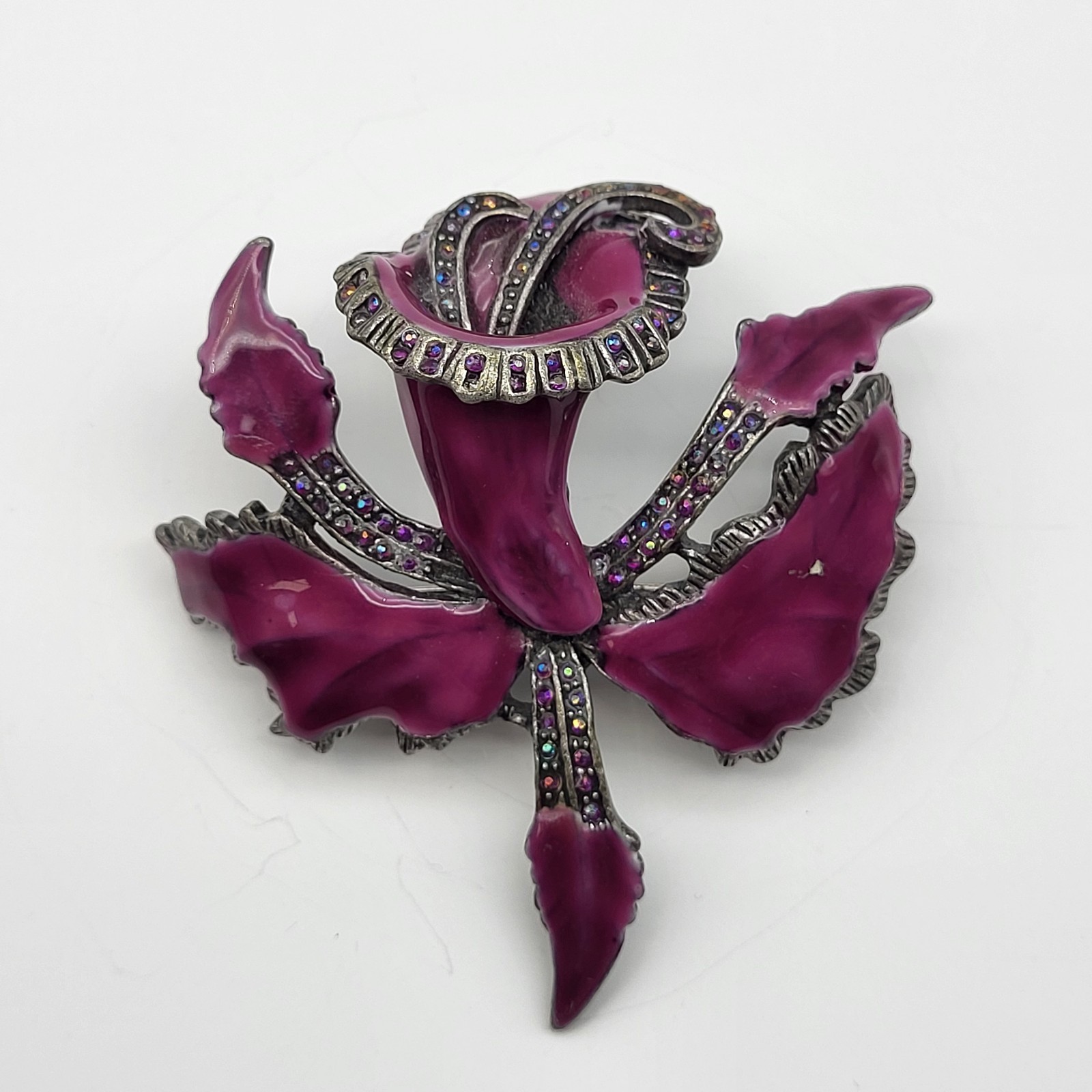 Stunning Purple enamel rhinestone Orchid Flower Brooch pin Realistic Botanical