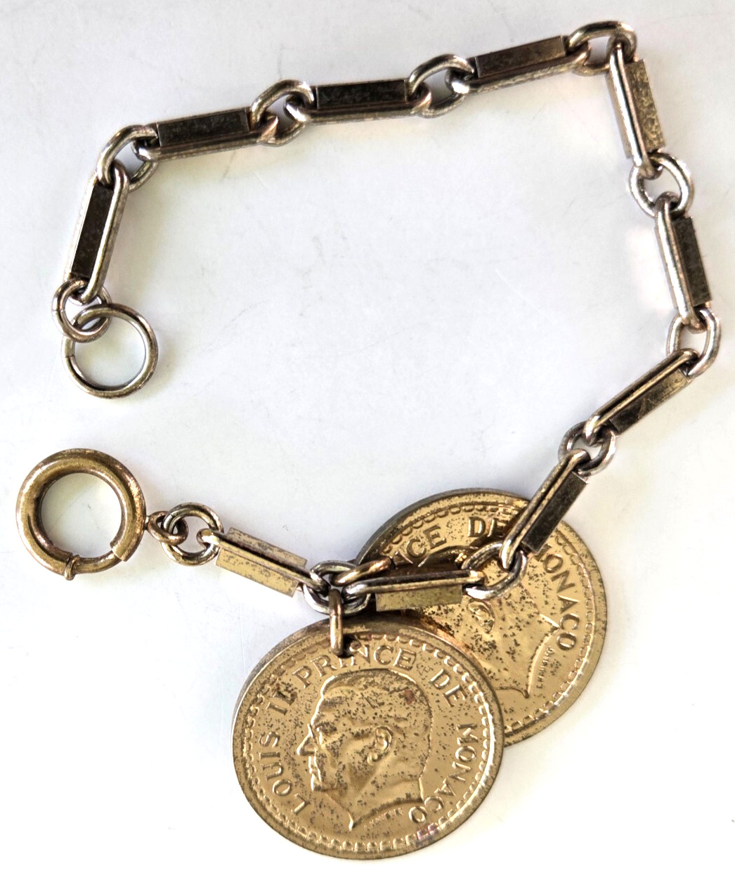 Vintage 1940s Fake French Coin Charm Gold Tone Split Bar Link Chain Bracelet 7″