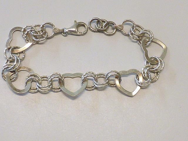 M Signed Italian 5 HEART Double Rolo Link Sterling Silver Bracelet Italy 7.5″