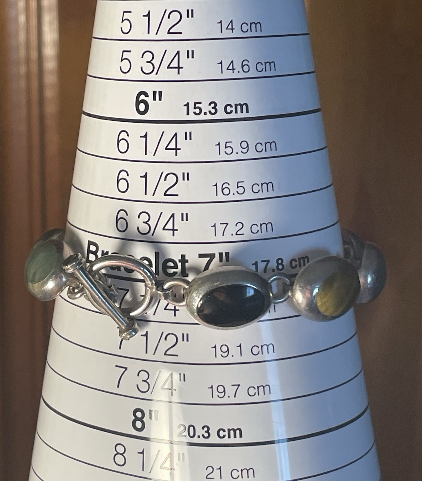 Vintage Taxco Sterling Silver Jade, Tigers Eye & Onyx Chain Link Bracelet. 7”