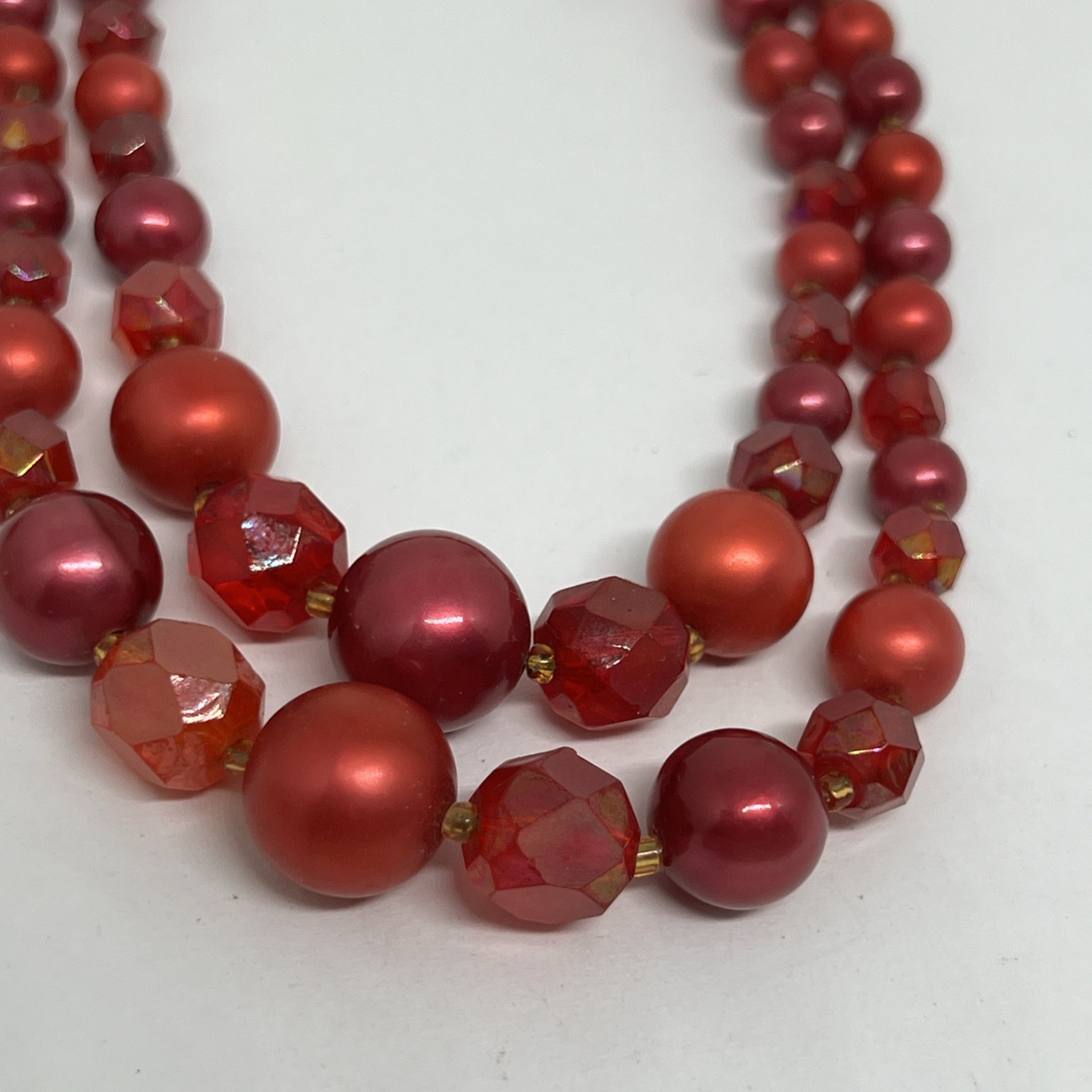 Vintage Red Faux Pearl Faced Lucite 15”-17” Necklace Marked Japan