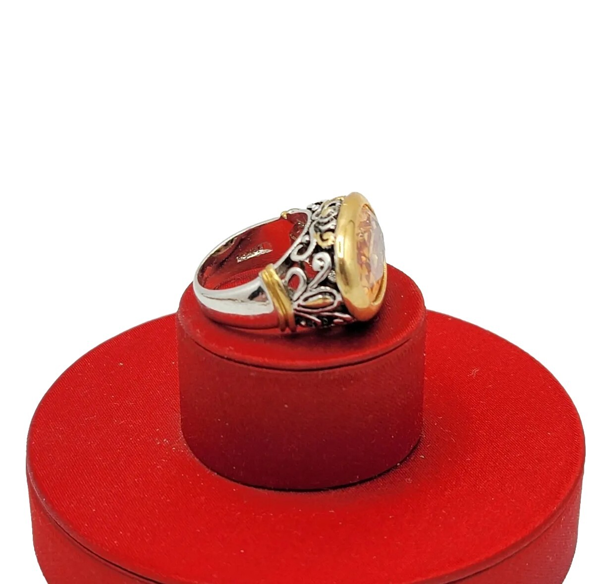 Vtg Sz 7 Ring Lg Citrine Topaz Cubic Zirconia 18KGE Scrolls Medieval Jewelry
