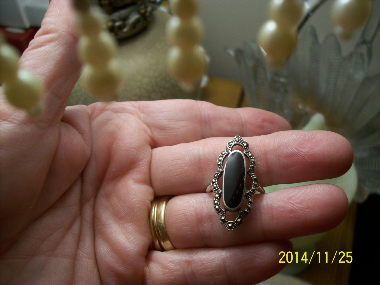 Masala CW Black Onyx & Marcasite Oblong Sterling Silver Filigree Vintage Ring
