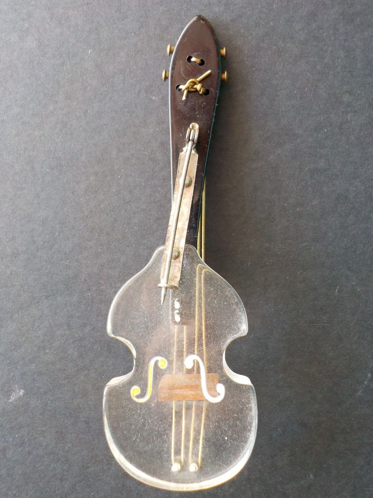 Vintage Black & Clear Lucite & Wood Fiddle or Violin Pin Brooch