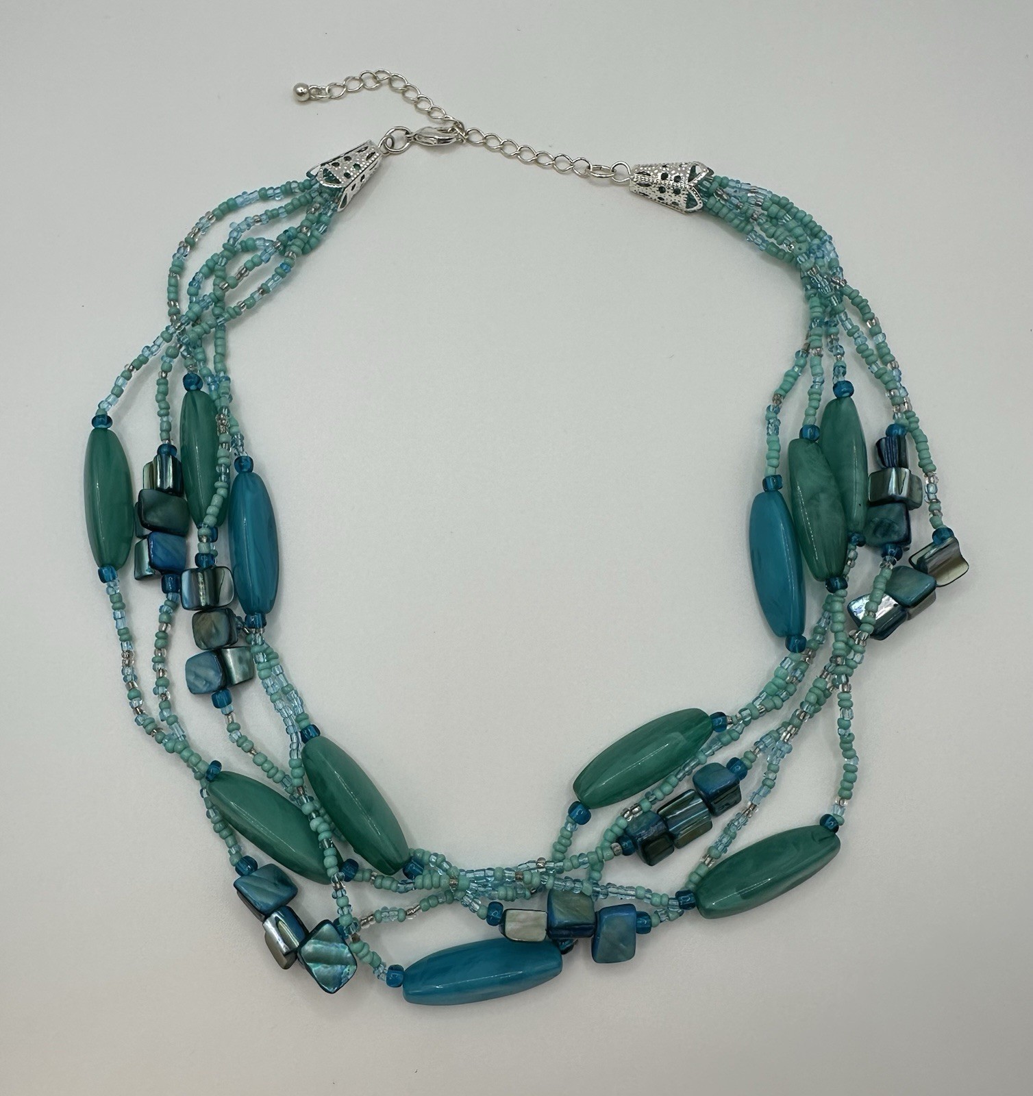 Multi Strand Necklace with Aqua Blue Dyed Abalone Shell & Acrylic Beads 18″-20″