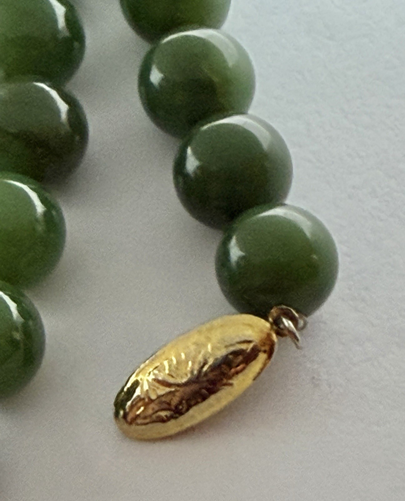 Vintage 8mm Dark Green Jade Beads Necklace Goldtone Clasp 23”