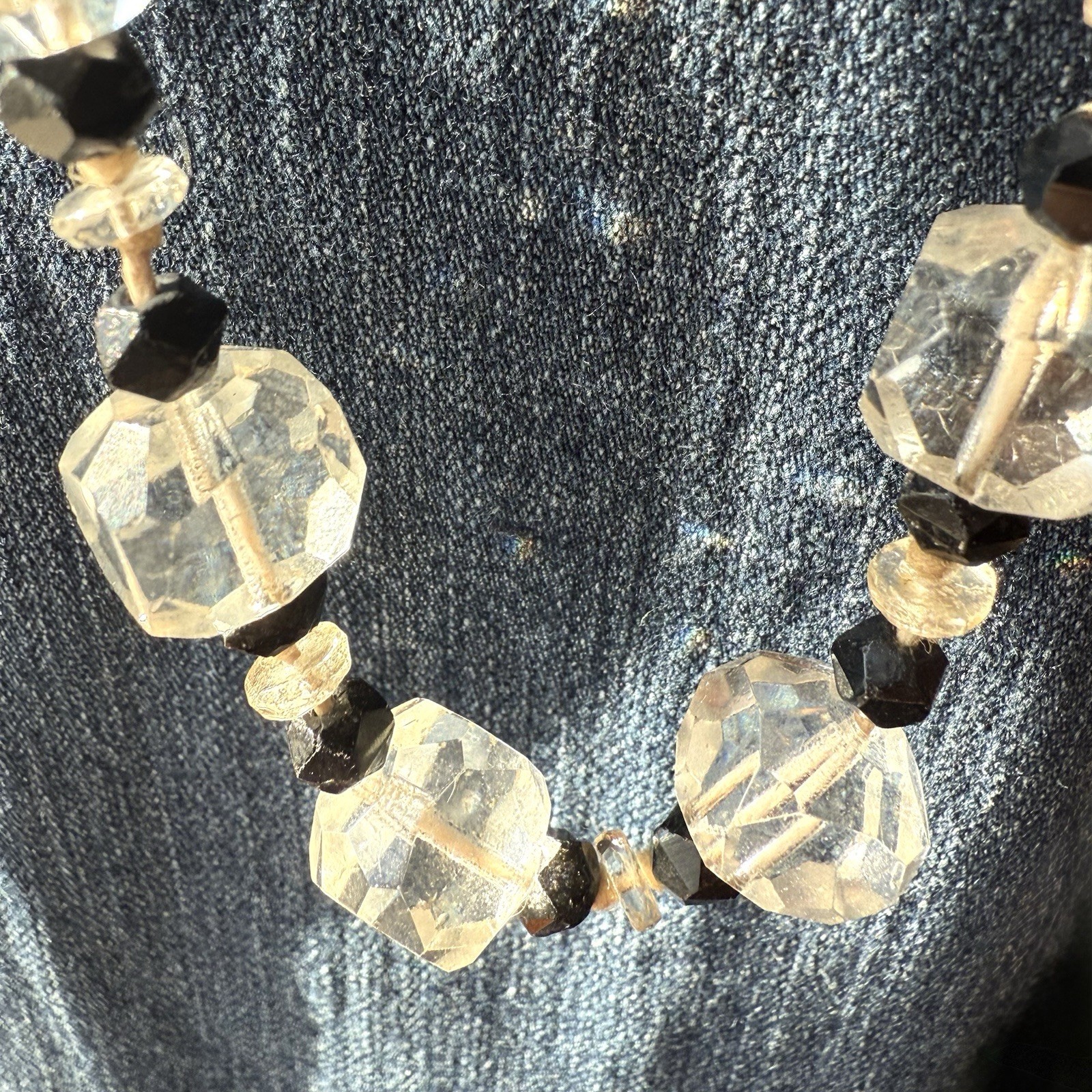 Vintage 38” Clear & Black Hand-Cut Glass Flapper Necklace Art Deco Style