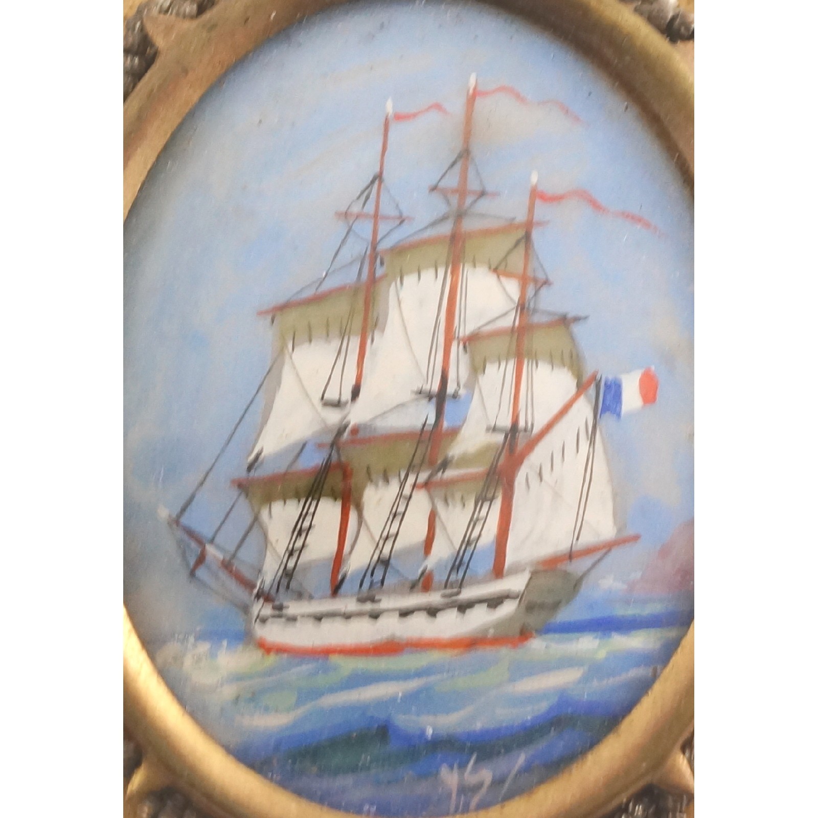 Antique Victorian Miniature Hand Painted Brooch French Clipper Sailing Ship 2″