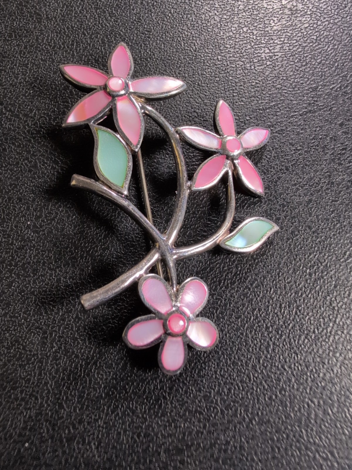 Pink and Green Flowers Sterling Pendant Brooch Spring – 2.5″ – 9.1 g – signed