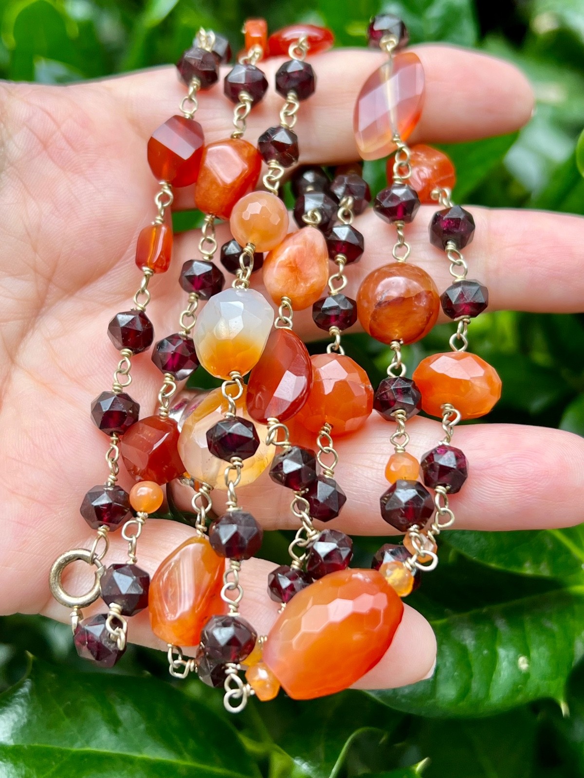VINTAGE AGATE RHODOLITE GARNET 925 STERLING SLVR LONG STATION STATEMENT NECKLACE