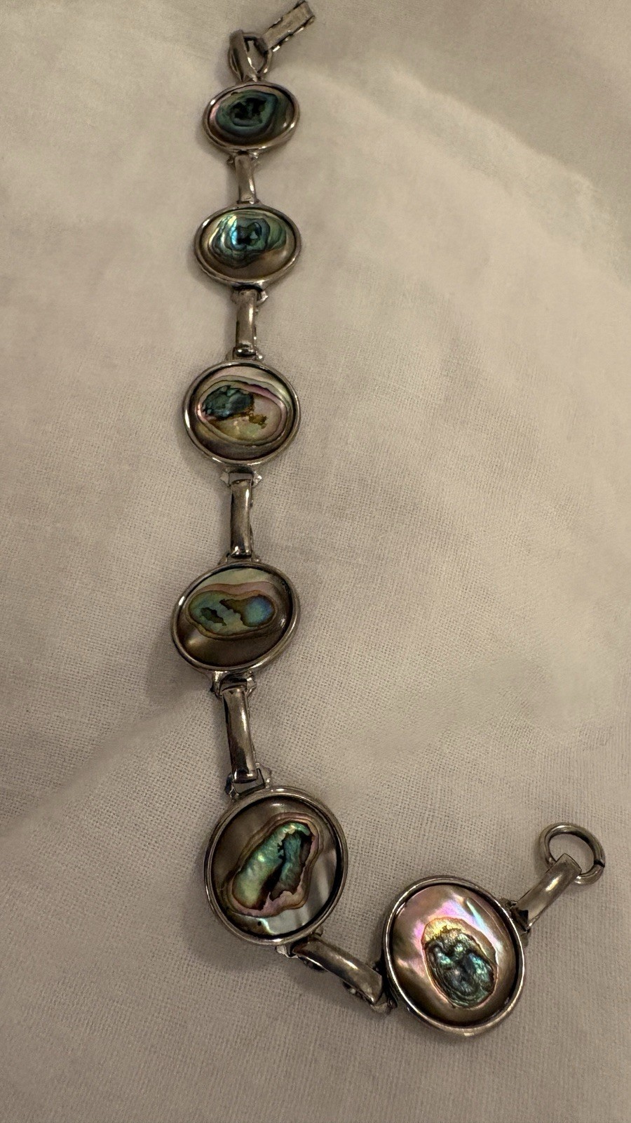 Vintage Hoffman Abalone Shell Link Bracelet Iridescent Paua Silver Tone 7.78”