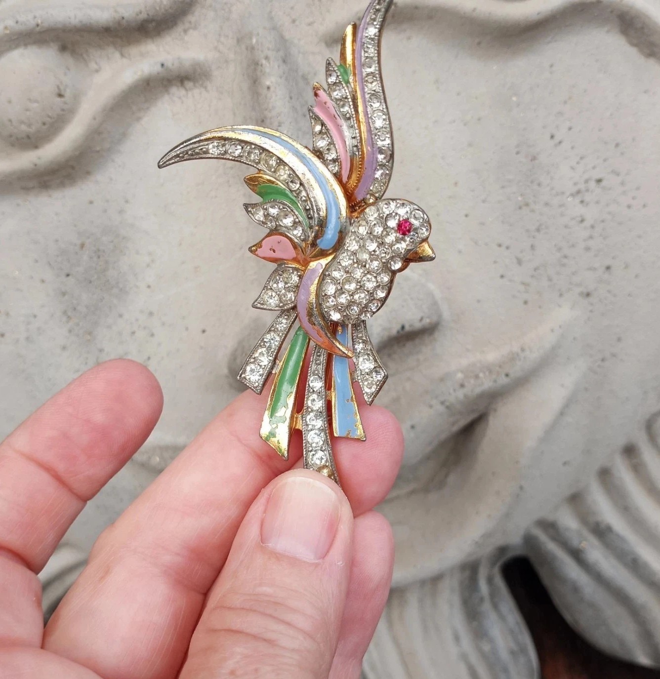 Vtg Coro? Clear Red Rhinestone Pink Blue Enameled Green Paradise Bird Brooch Pin
