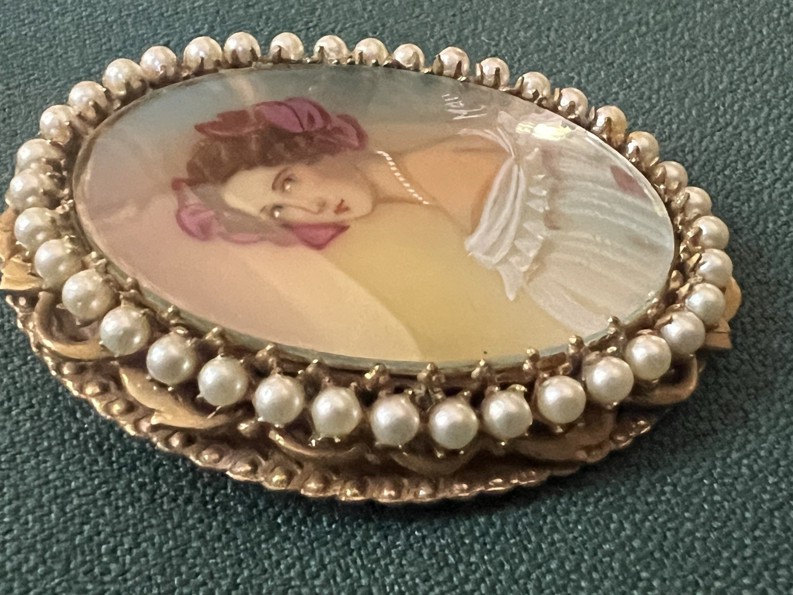 ORIGINAL BY ROBERT SIGNED HAND PAINTED PORTRAIT BROOCH FAUX PEARLS FRAMED SIGNED