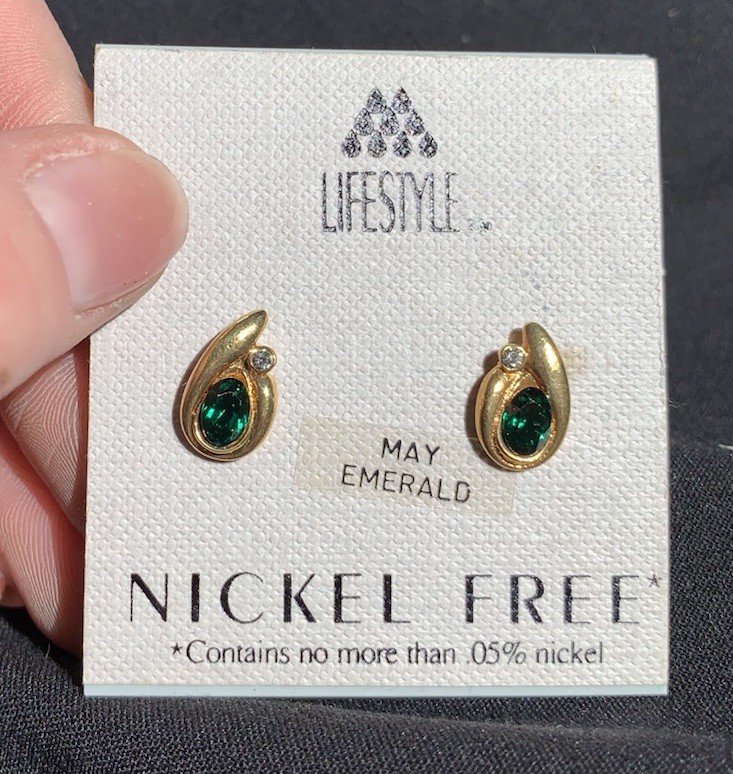 Vintage Gold Tone Emerald Rhinestone Pierced Earrings May Birthstone Elegant