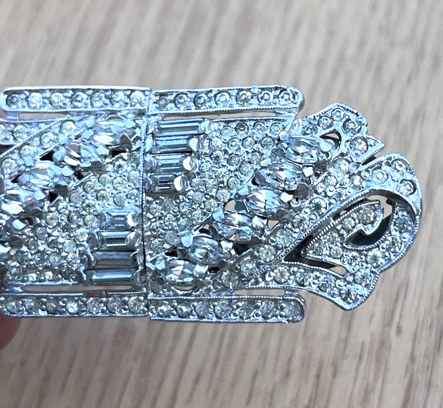 Antique Art Deco Clear Rhinestone Pot Metal Duette Brooch Pat. 1945268 Coro