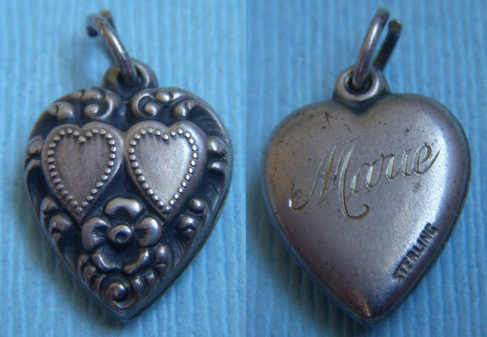 Vintage hearts and flower “Marie” puffy heart sterling charm