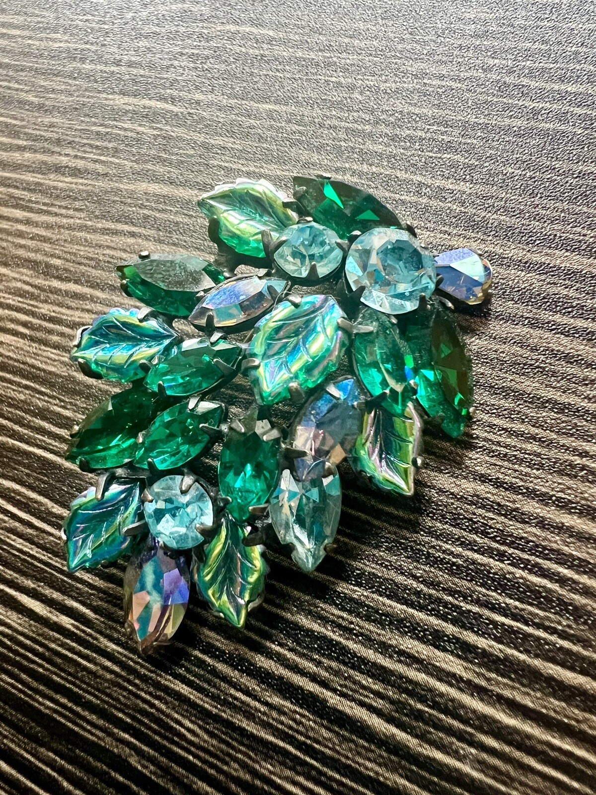 Vintage Signed Regency Green Teal Blue Molded Glass Leaf AB Rhinestone Brooch