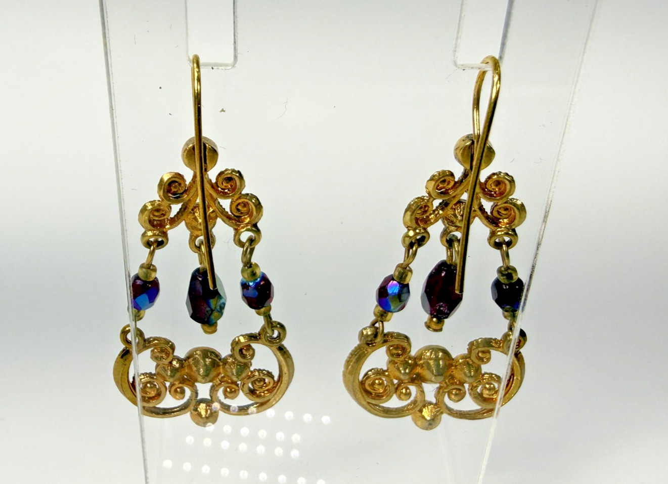 Vintage AB Red Crystal Rhinestone Gold Tone Filigree Dangle Earrings