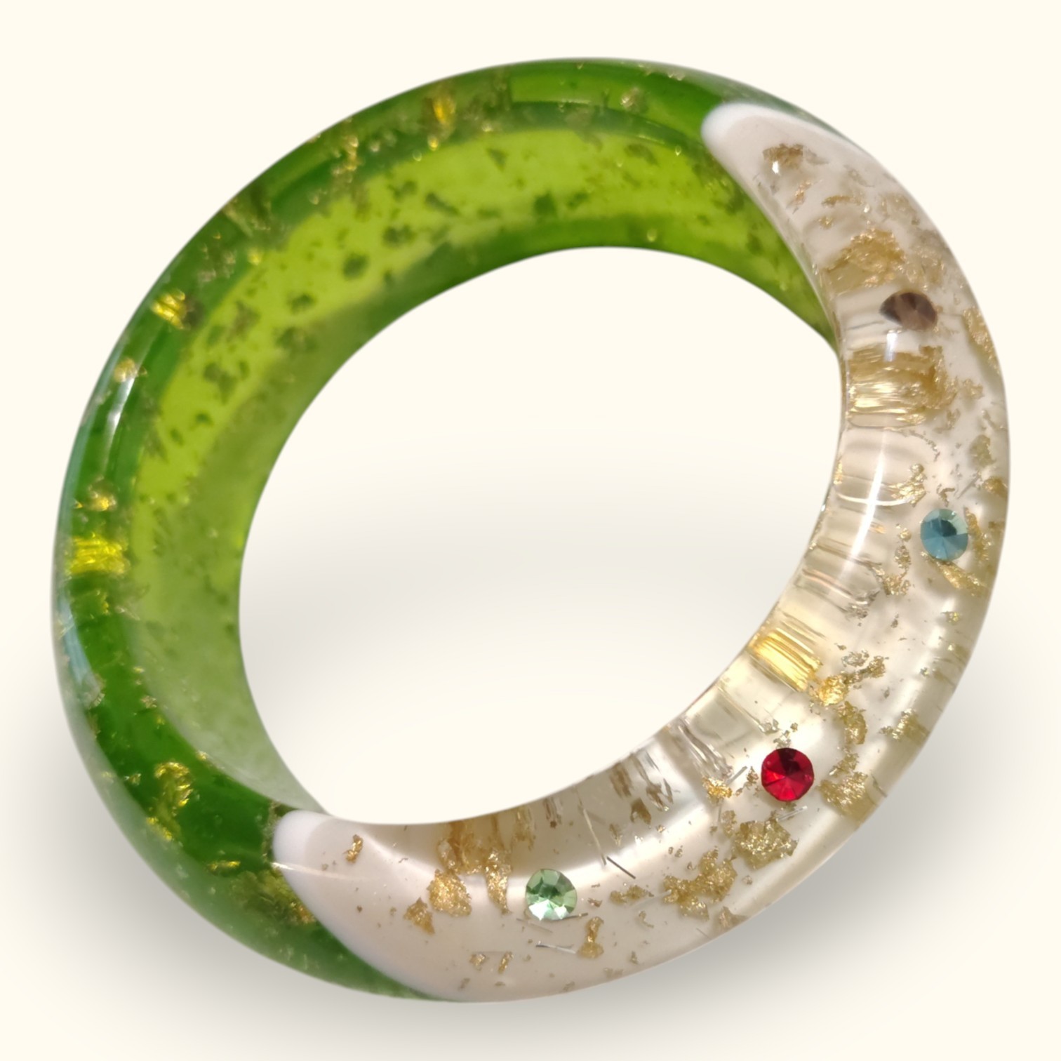 1950s Confetti Lucite Bangle Chunky Atomic Apple Green w/ Gold Foil Bracelet…