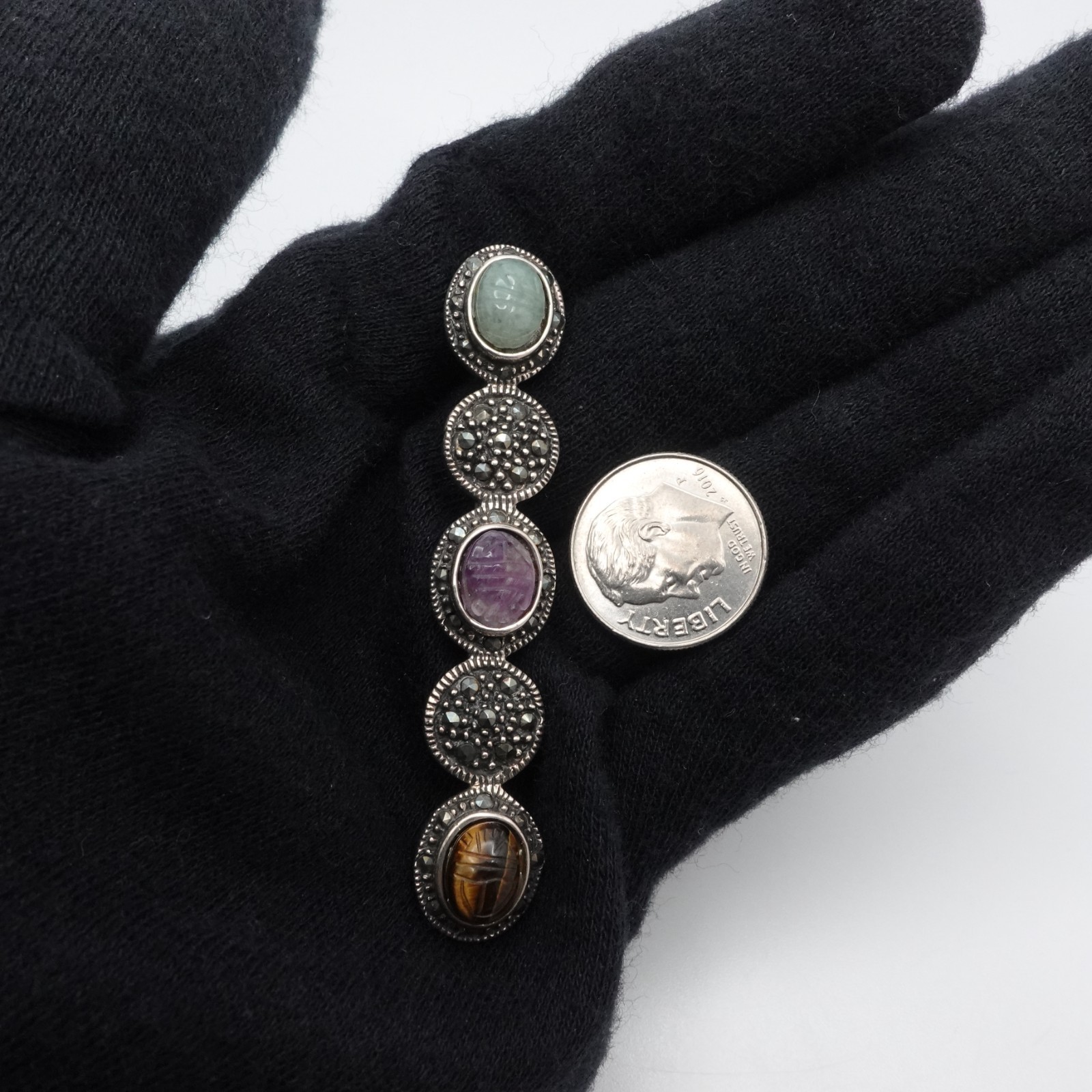 Silver Pave Marcasite Amethyst Tiger’s Eye Jade Scarab Bar Brooch Pin