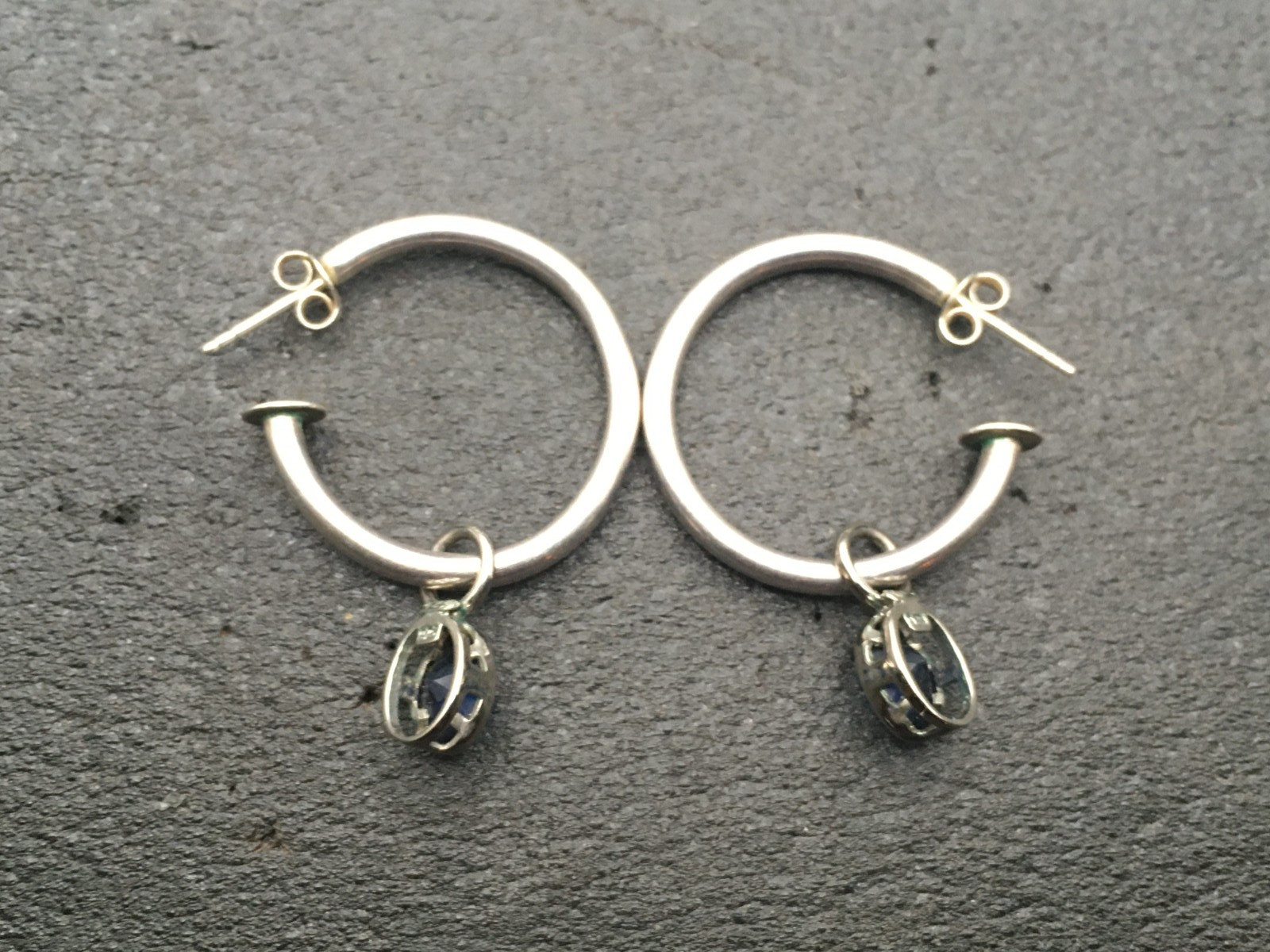 Vintage NF .925 Sterling Silver Hoop Blue Stone Post Dangle Drop Earrings