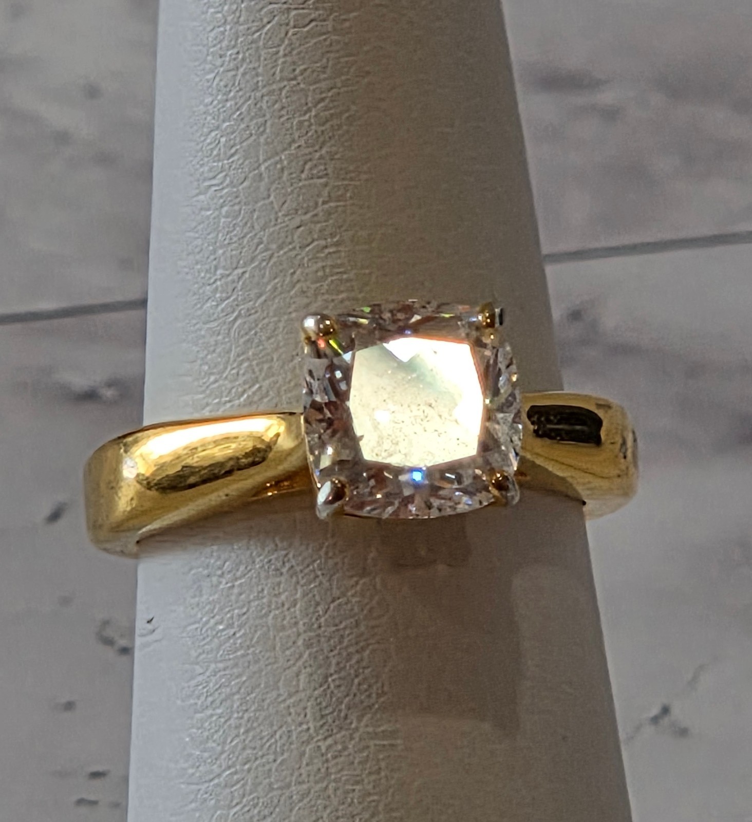 VINTAGE 925 Silver signed W Cushion Cut CZ Solitaire Gold Engagement Ring sz 5