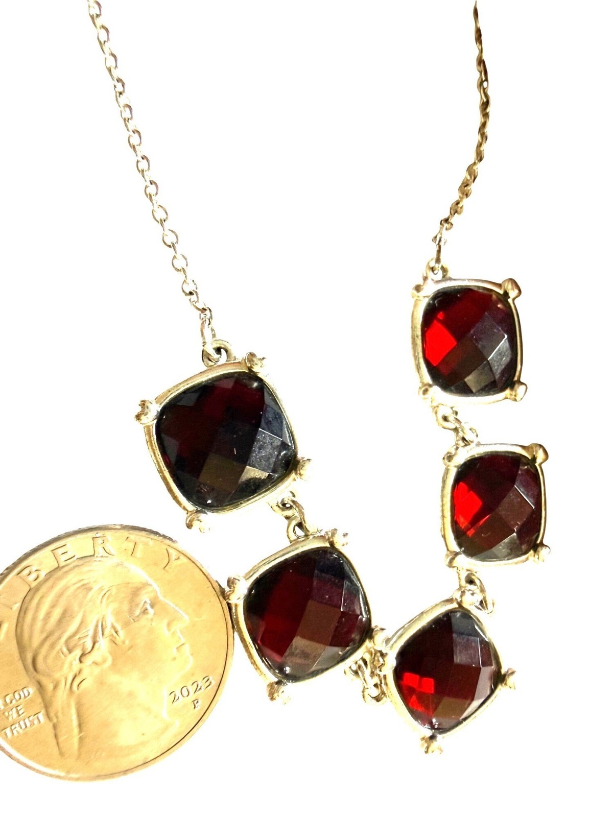 Vintage? Red Gemstone Silver Necklace With Square Faceted Stones