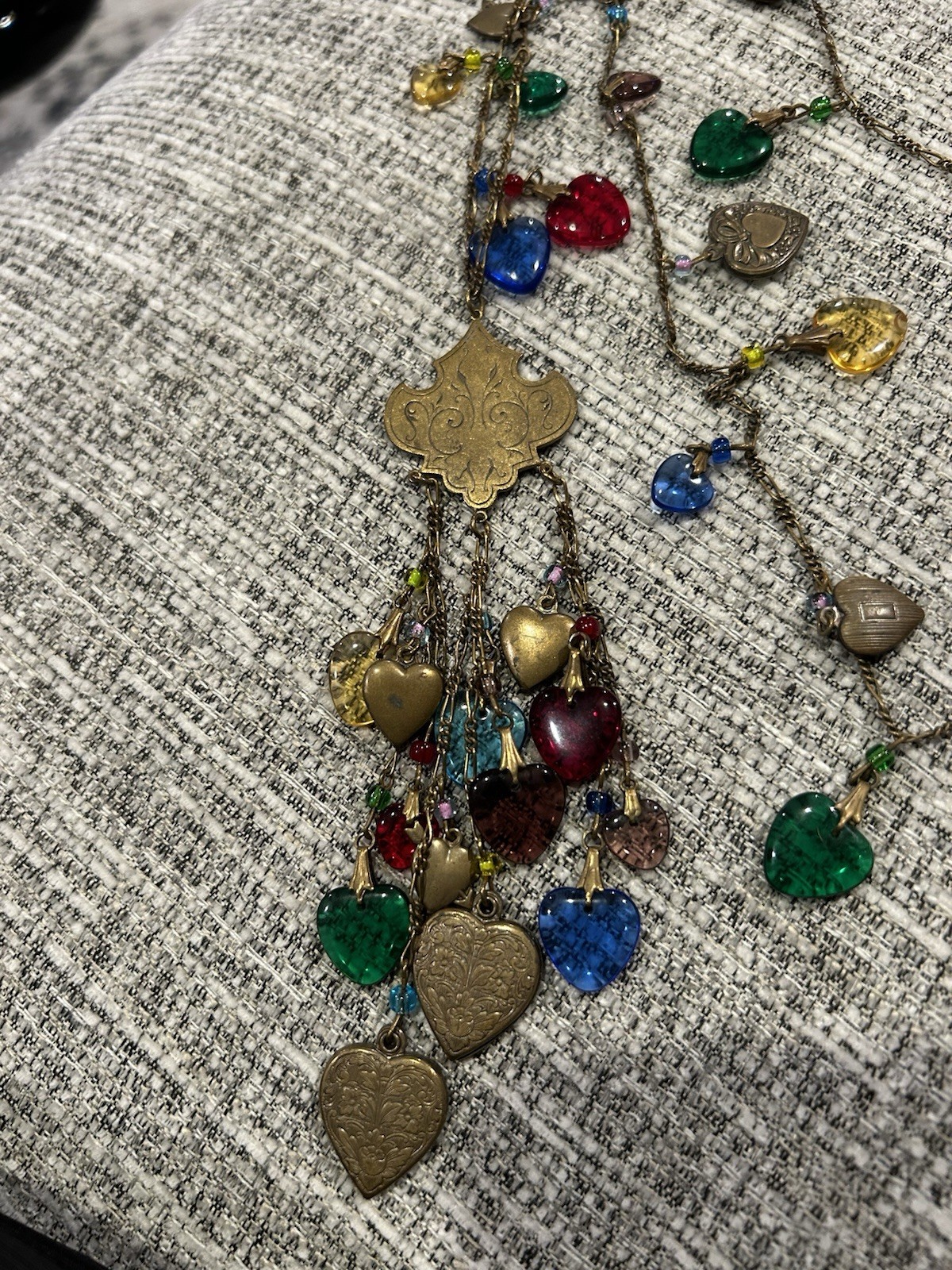Signed Vintage Glass Works Studio Long Necklace Colored Glass Hearts Victorian