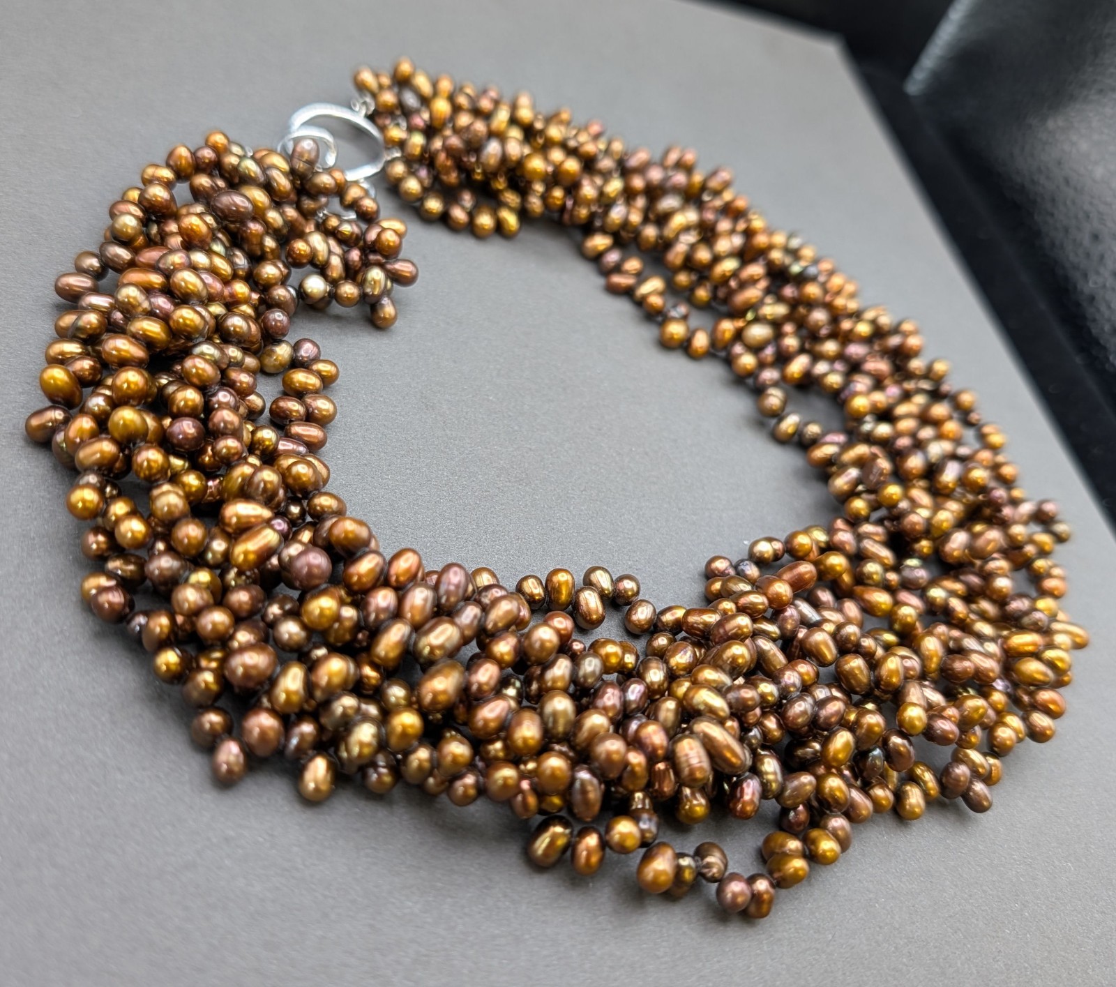 Multi Strand Bronze Freshwater Pearl Torsade Necklace 925 Silver