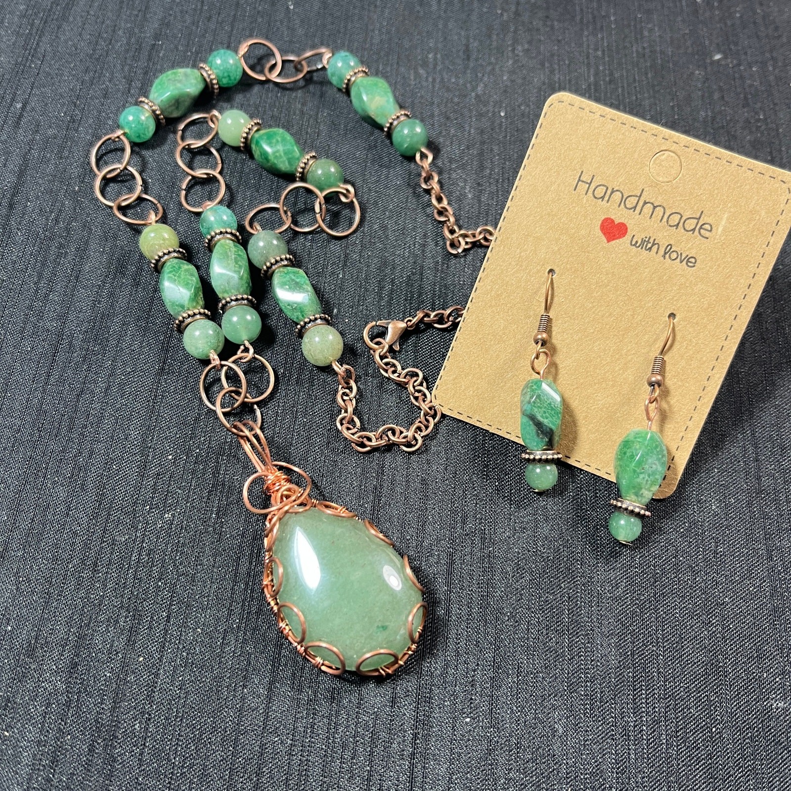Aventurine Teardrop 1 1/4″ Cabochon Necklace Pendant Earrings 20″ Copper Bezel