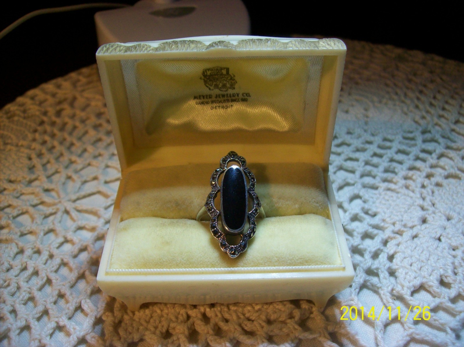 Masala CW Black Onyx & Marcasite Oblong Sterling Silver Filigree Vintage Ring
