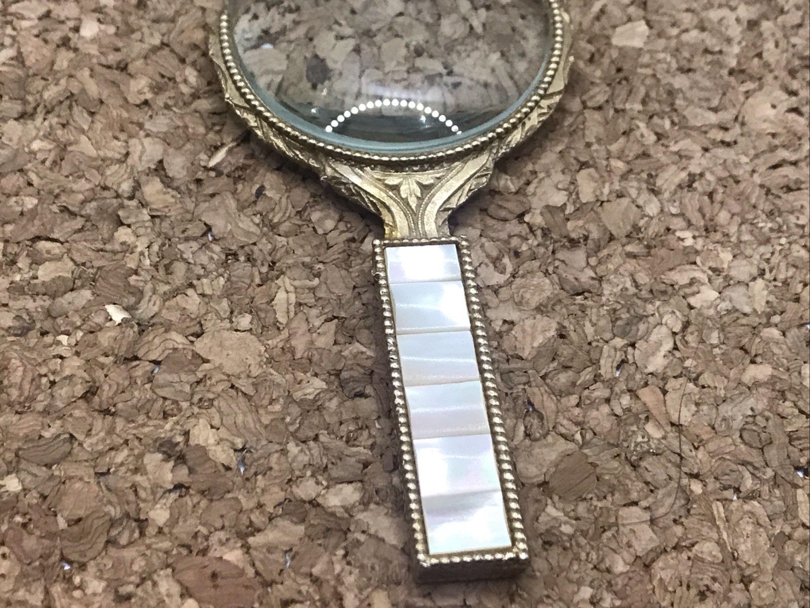 Beautiful Art Deco Ornate Gold Mother of Pearl Magnifying Glass Circa 1920’s 4”
