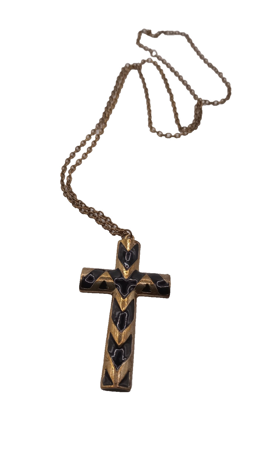 Vintage Enamel Cross Pendant Necklace Black Gold Tone 27 In