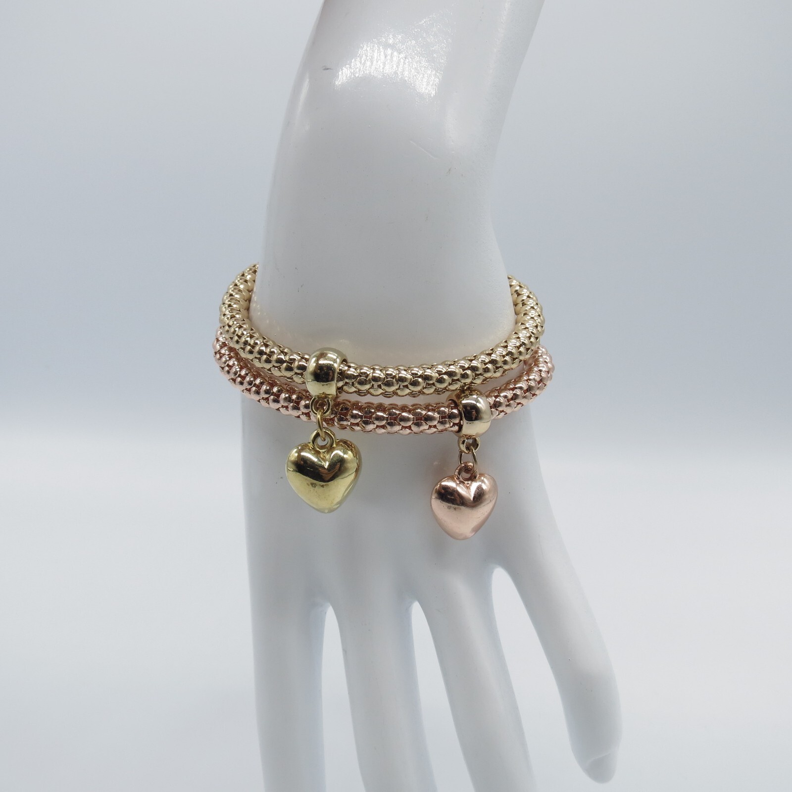 2Pc Puffy Heart Charm Stretch Bracelet Gold Rose Gold Tone Popcorn Chain