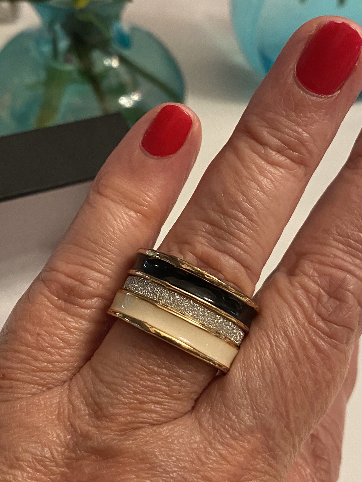 Vintage Enamel Paved Crystal Wide Band Ring