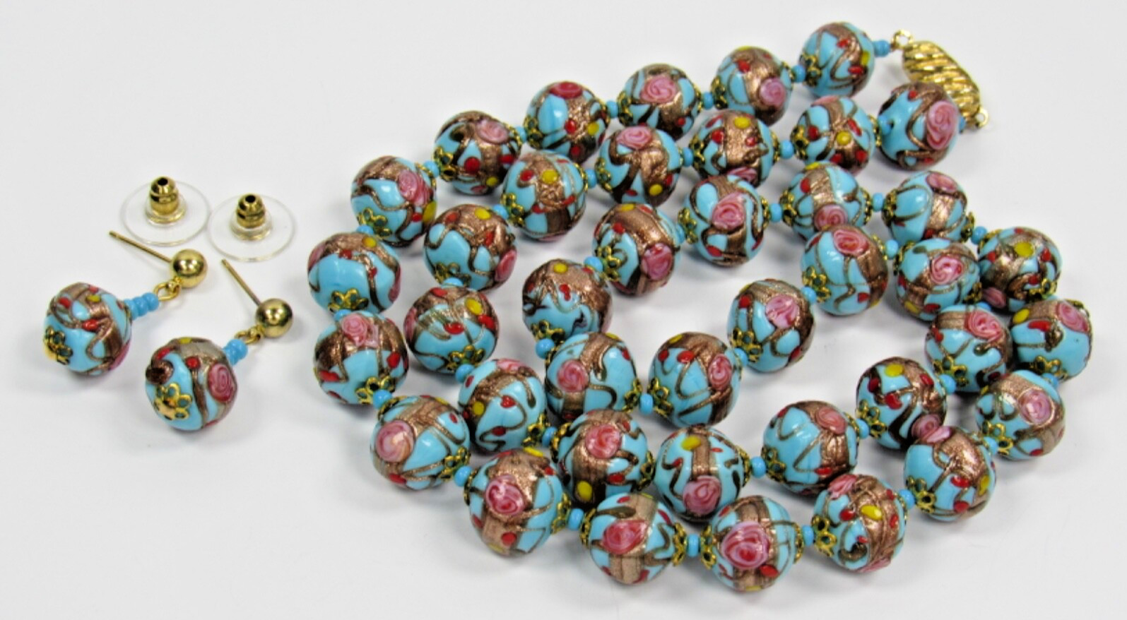 Italy WEDDING CAKE Gold Pink Red Blue Bead Strand NECKLACE Pierced EARRINGS SET