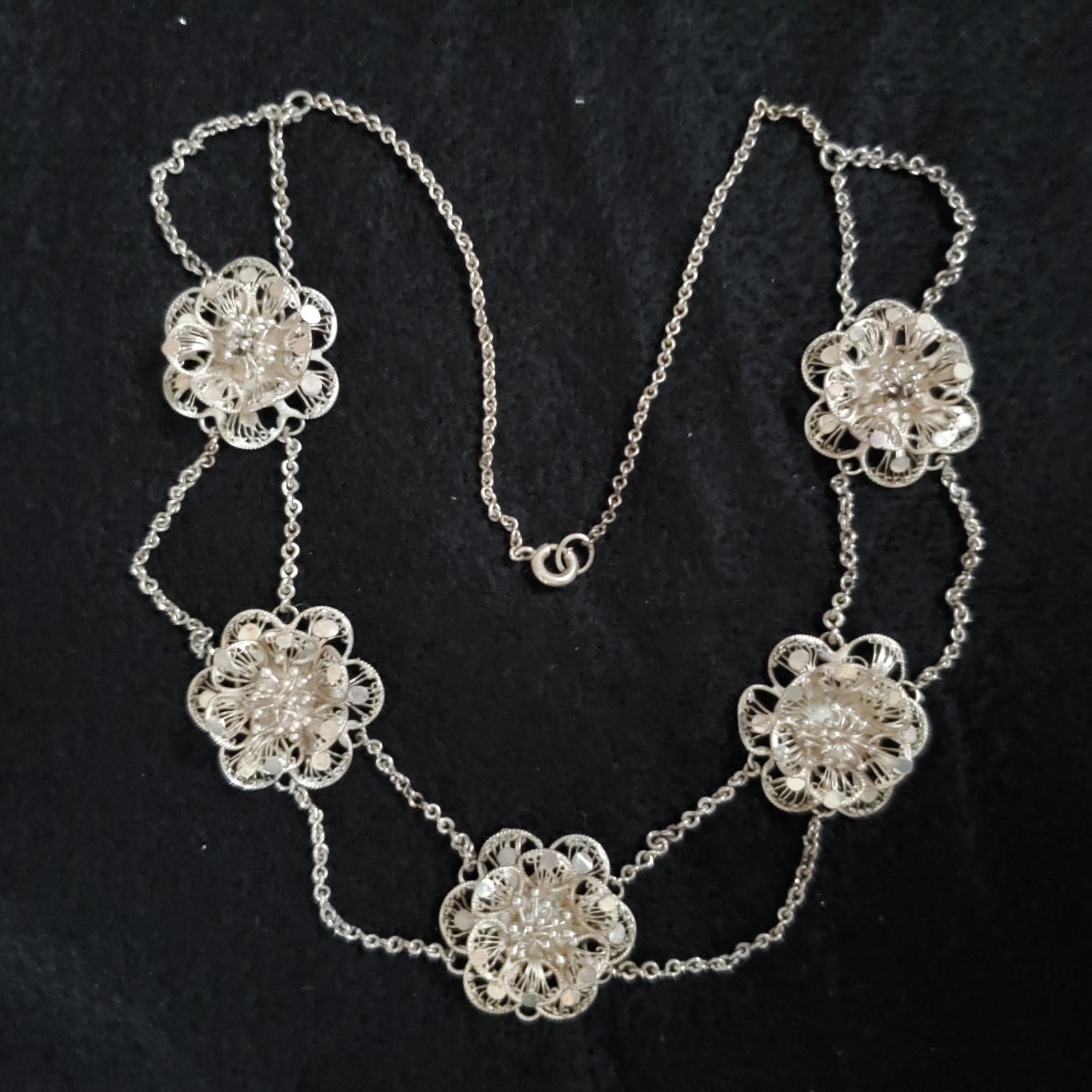 Sterling Silver Cannetille Filigree Necklace Floral Station Swag Choker 15″
