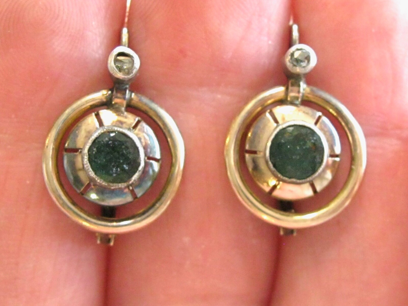 ANTIQUE CIRCULAR EMERALD AND ROSE CUT DIAMOND LEVER BACK GOLD EARRINGS 14K GOLD