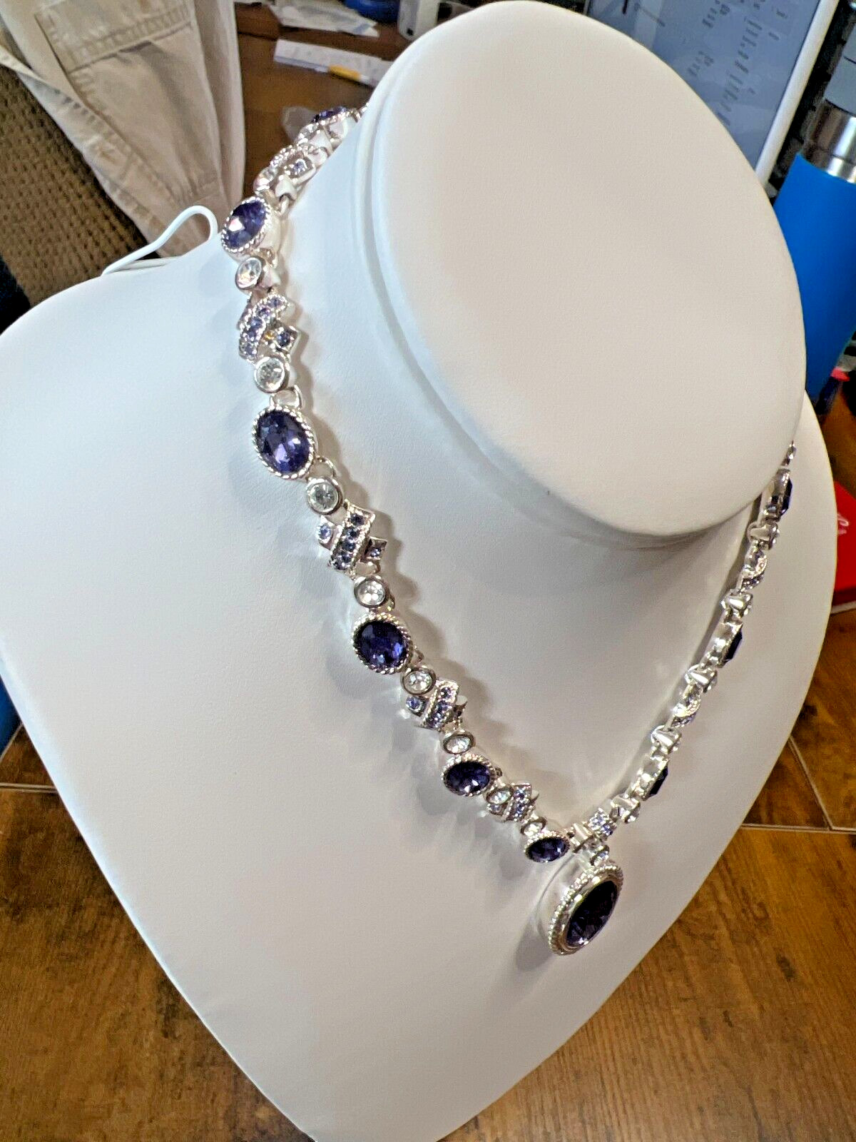 VTG Monet 15-17″ Statement Necklace Lavender & Clear Rhinestones, Velvet Case VG
