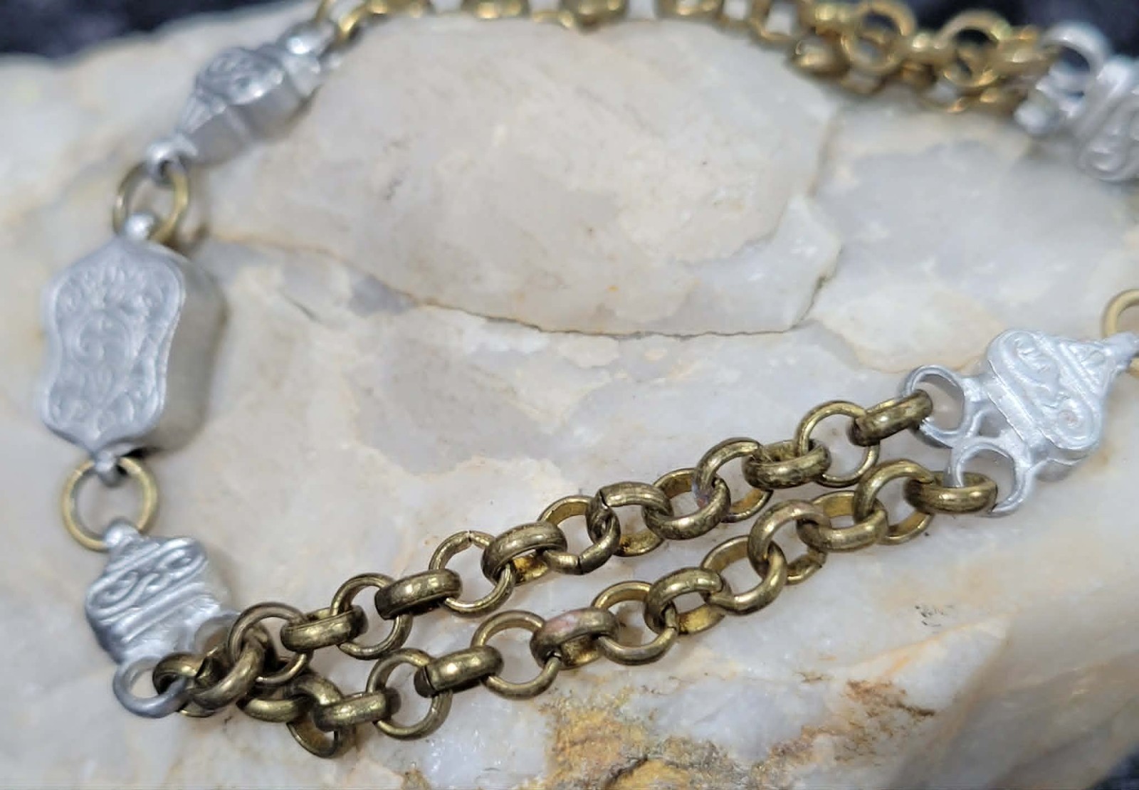 Antique Victorian Double Strand Albertina Bracelet Brass & Silver Tone Belcher