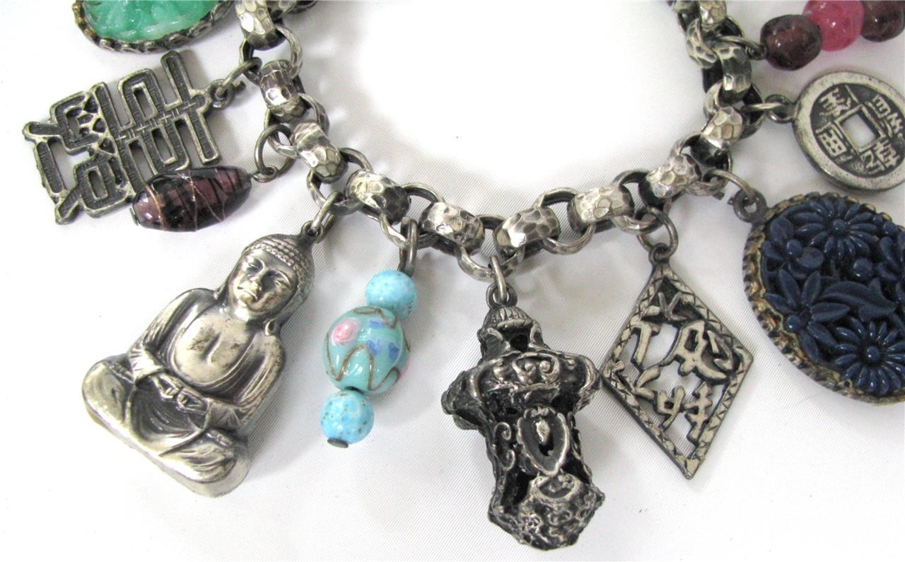 Vintage Napier Shangri La CHUNKY Asian 13 Charm Bracelet Silver 1950’s 7.25″