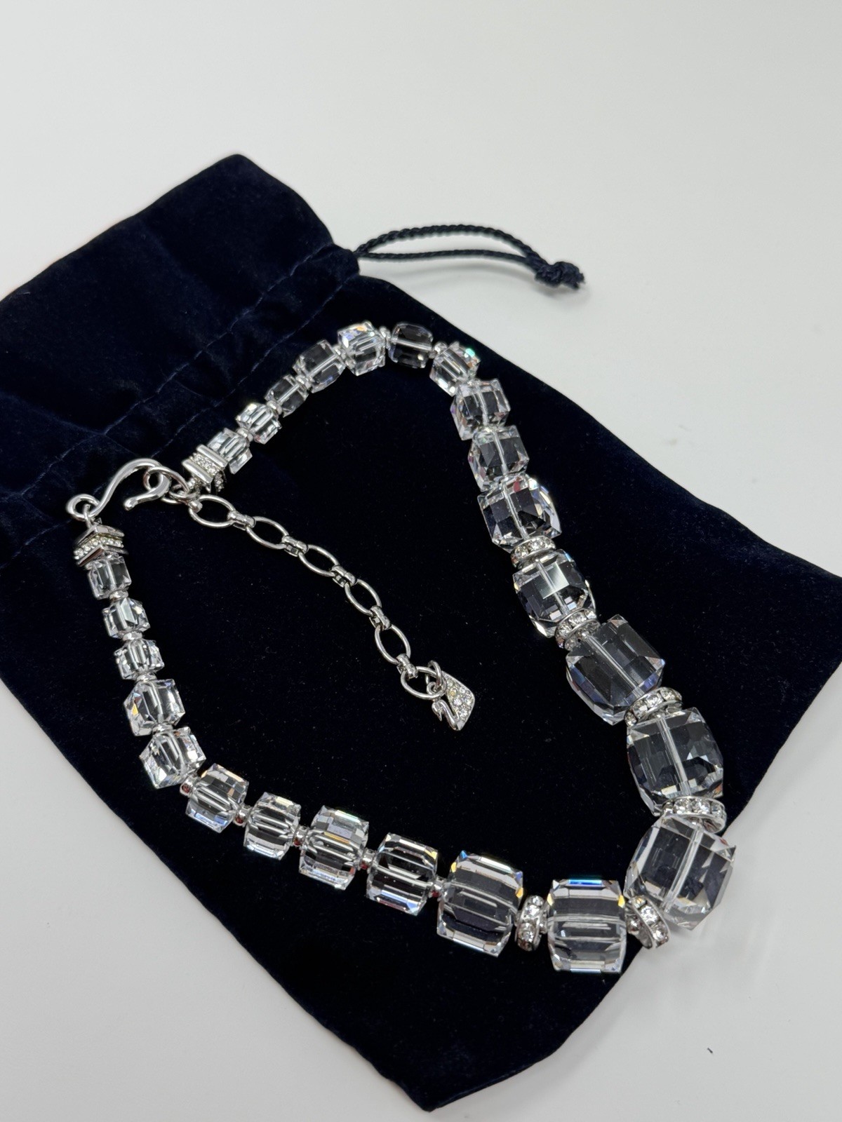 Swarovski Swan Signed Clear Emerald Cut Crystal Necklace Silver Tone 16in Read