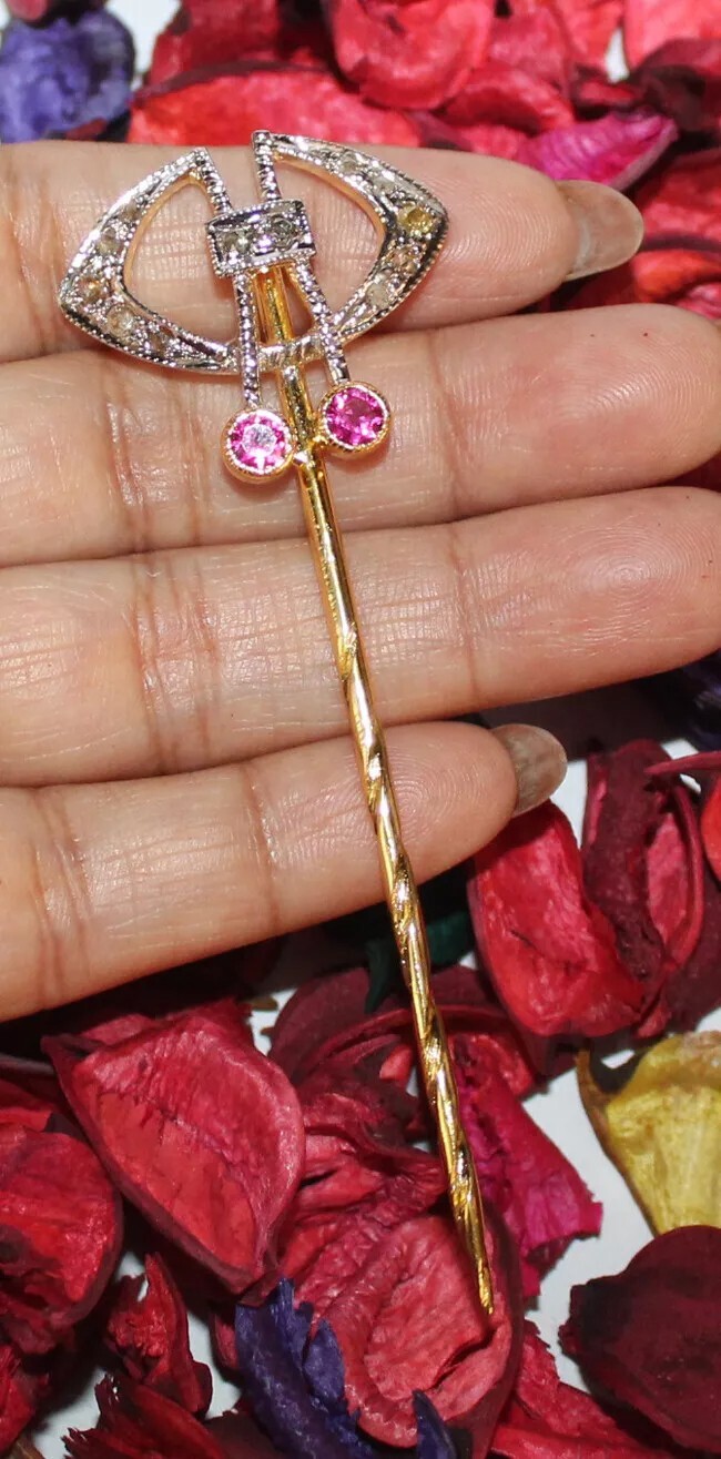 0.60ct Rose Cut Diamond 925 Sterling Silver Ruby Wedding Anniversary Stick Pin
