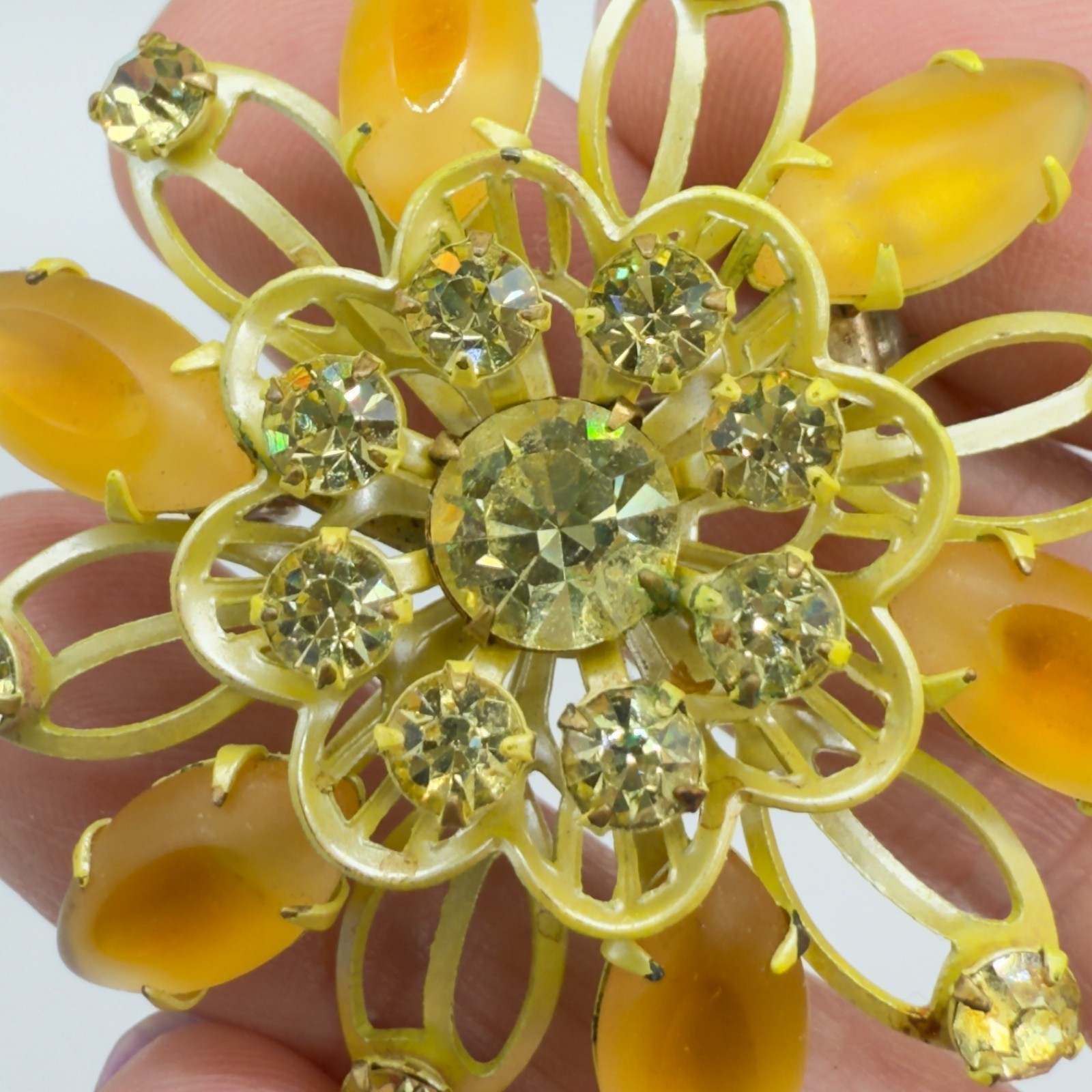 Vintage Enamel Brooch Yellow Flower Pin Dichroic Marquise Petals Rhinestones