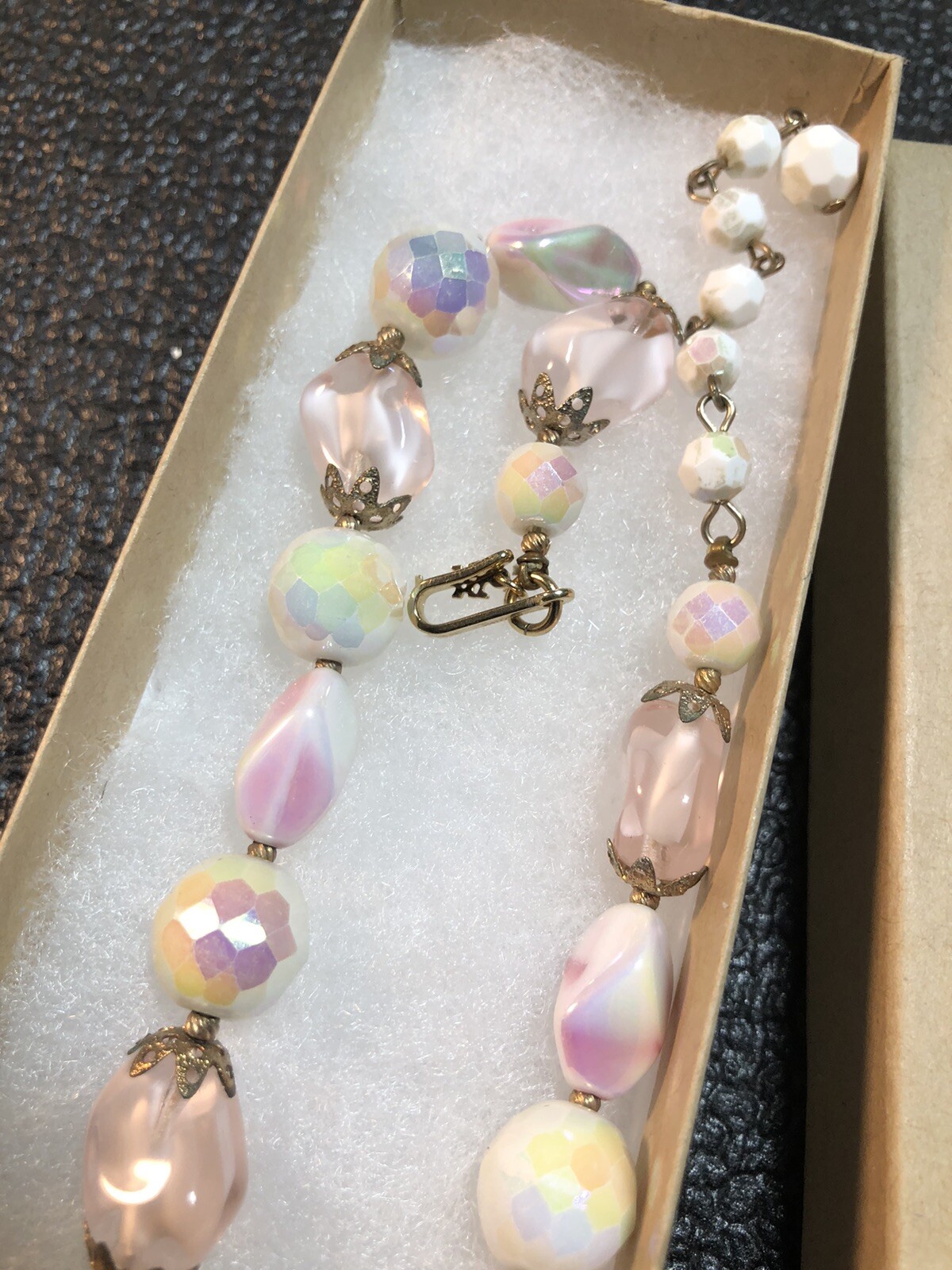 VTG Costume Jewelry Signed TRIFARI Charm,MOP Pinks,Purples,Greens Necklace 17.5”