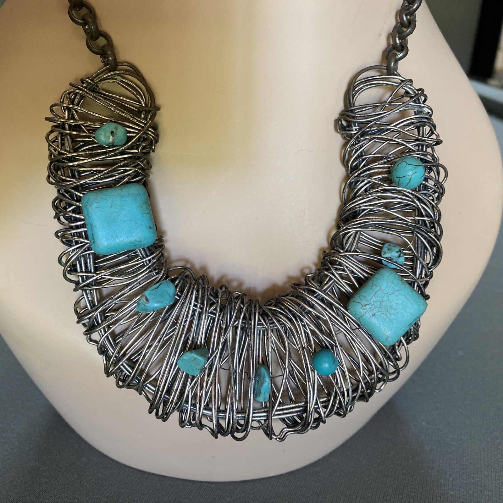 Stone Beads Wire Choker Necklace OOAK Brutalist LARP Cosplay Costume Jewelry 25”