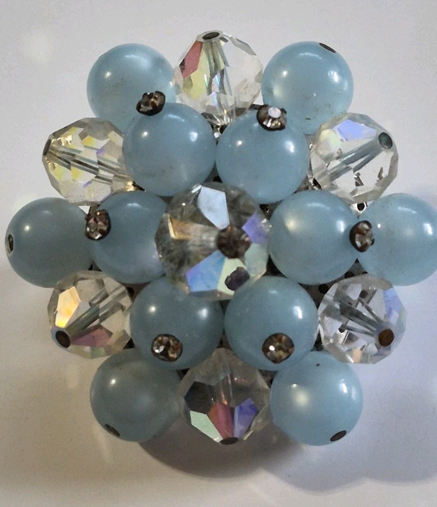 Coro/Unbranded Brooch Lof 2, Teal Blue Gold Tone Flower/Light Blue AB Cluster