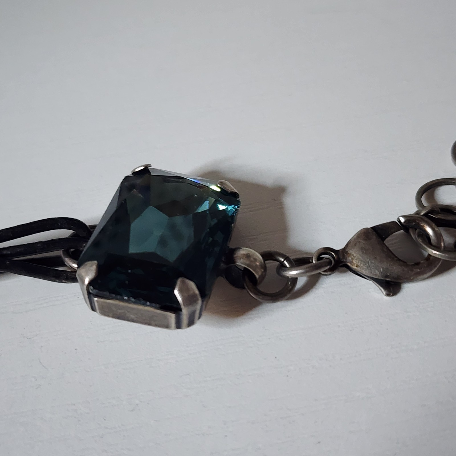Vintage Van Galz Black Leather Multi Strand Necklace Blue Crystals Heart Charms