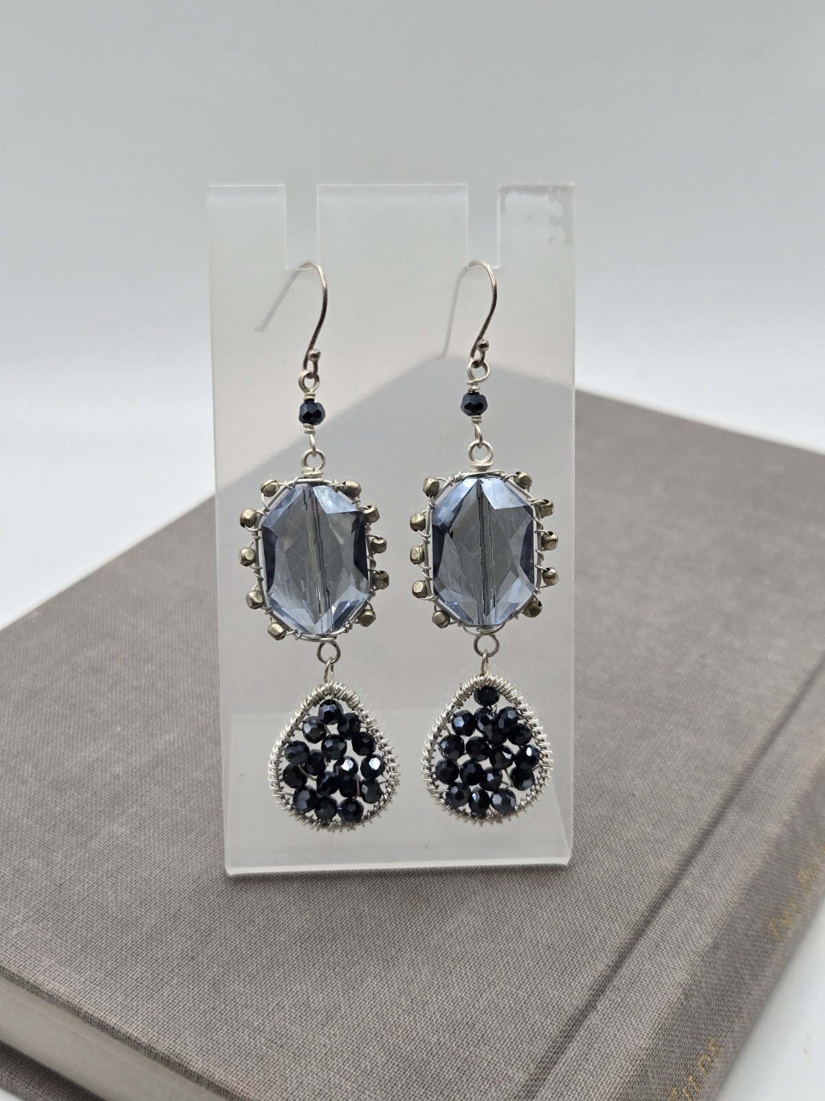 Silver Beaded Blue Aquamarine dangle Earrings Wire Wrapped Faceted Crystals